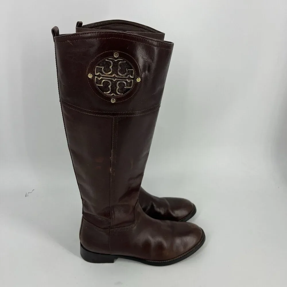 Tory Burch Kiernan Boots Size 7.5 Womens Brown Western Leather Riding Gold Logo